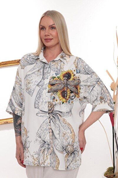 JERFİ Women's Plus Size Stone Printed Fabric Shirt