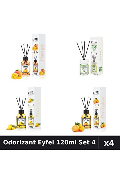 Eyfel Set 4 Odorizant Camera cu Betisoare 120ml - Mango, Iasomie, Ananas, Por...