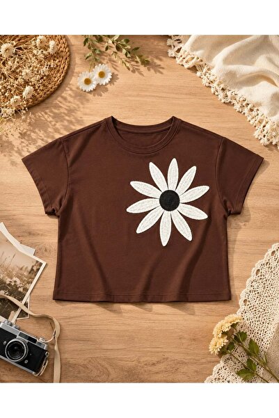 ibeeka Floral Embroidery Detailed T-Shirt - Baby Blue - Brown Color Options A...