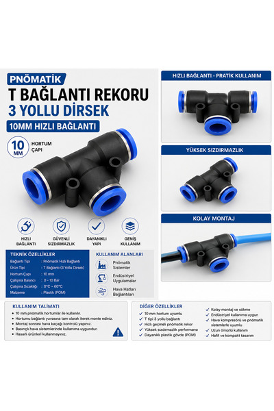 GENERAL Pnömatik T Bağlantı Rekoru 10 mm 3 Yollu Hızlı Bağlantı Dirseği
