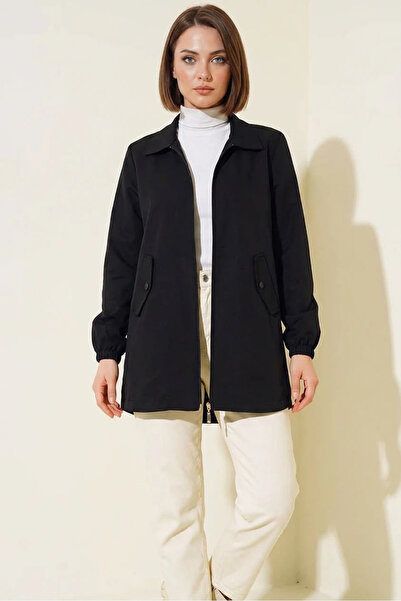 Efnaz style Women's Classic Collar Black Trench Coat with Pocket Flaps