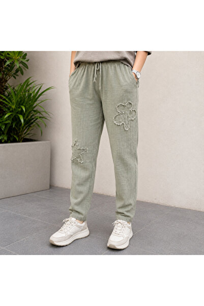 MENSAR OTANTİK Linen Trousers with Star and Daisy Embroidery. Length 100 Cm, ...