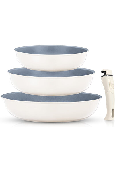 OEM Set of 3 white pans with detachable handle 20/24/28cm non-stick ceramic I...