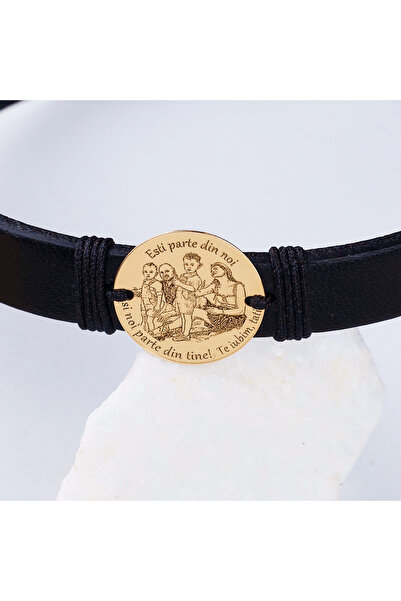 BLACK SWAN Bijoux Bratara piele barbati cu banut Aur 14K Fotogravura si Mesaj...
