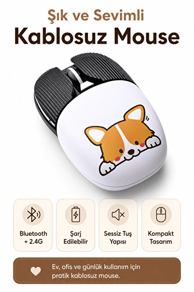 Zilvana Şarjlı Bluetooth 2.4G Sessiz Kablosuz Mouse Köpek Desenli