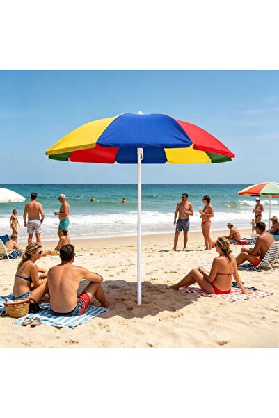 KMT Umbrelă de Plajă 220cm, Multicolor (Roșu-Galben-Albastru-Verde), cu Stâlp...