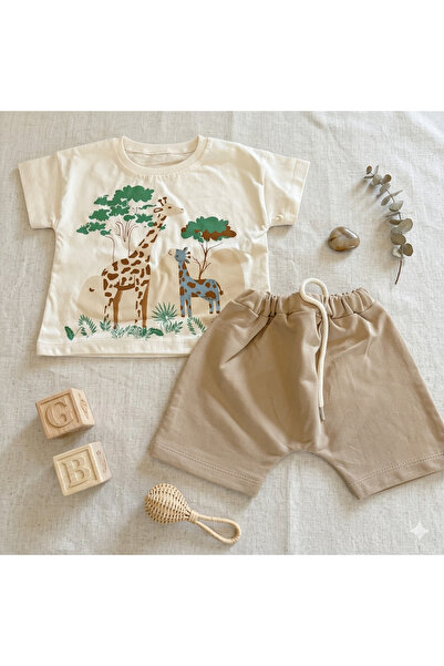 Victorino Set de Vară pentru Copii din Bumbac – Tricou cu Imprimeu Girafe Saf...