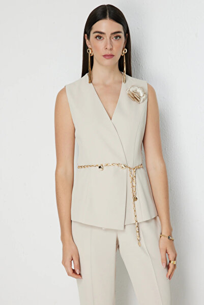 Ekol Rose Brooch Chain Belted Vest-1250