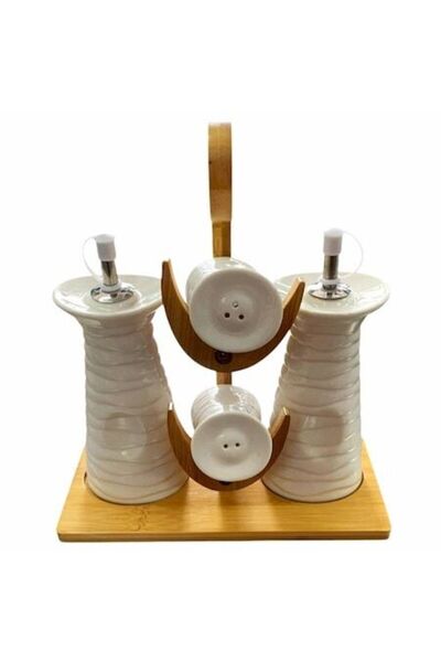 OEM Set Olive Oil Dispenser with 4 Pieces, Ceramic, on Bamboo Stand