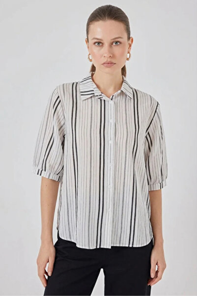 Şeker Portakalım Women's Short Sleeve Striped Viscose Stone Shirt
