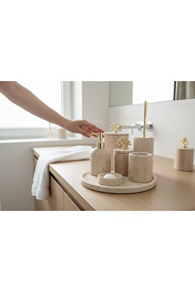 Marwood Workshop Marwood Lüks 7 Parça Doğal Mermer Banyo Seti - Beyaz & Gümüş