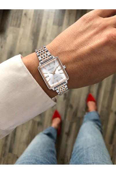 Ferrucci Rectangular Case Rose Gold Detailed Stone Silver Dial Women's Wristwatch