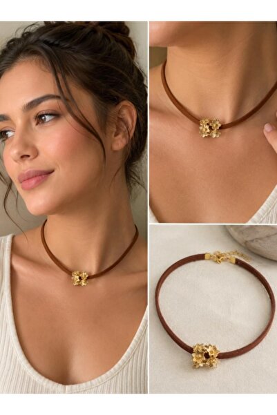 Roses Aksesuar Kahverengi Deri Kordon Çift Çiçek Detaylı Gold Kaplama Choker ...