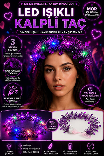 Tamsena Store 3 Modlu LED Işıklı Kalp Püsküllü Mor Parti Tacı Festival Doğum ...