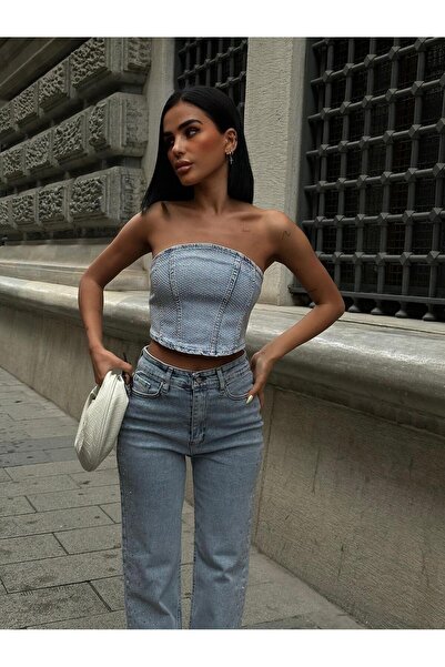 MAYKOT Kadın Taş Detaylı Straplez Denim Crop Top Jean Büstiyer