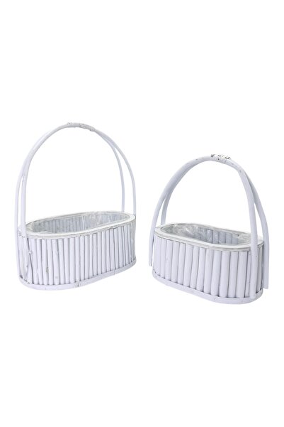 AFO Top Bottom Set of 2 Oval Wooden Baskets with Bag and Double White Handle