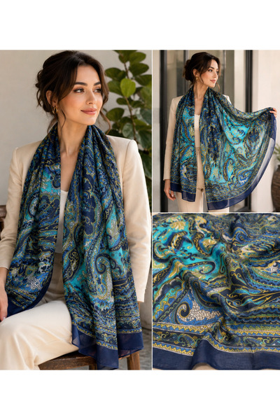 Selay Accessory Navy Blue Turquoise Ethnic Patterned Chiffon Shawl 45X160 cm