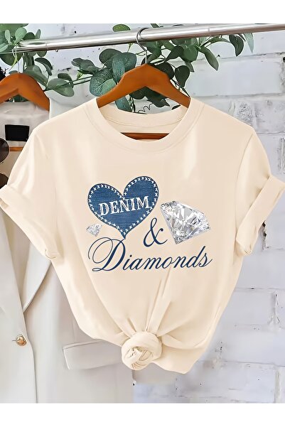 mercoledi Women's Denim Text Printed Crew Neck Regular Fit T-Shirt