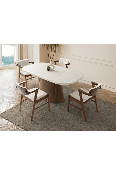 Viento Mobilya Masarte Traverten Desen MDF Sabit 170X90 Masa 8 Adet Zeus Calv...