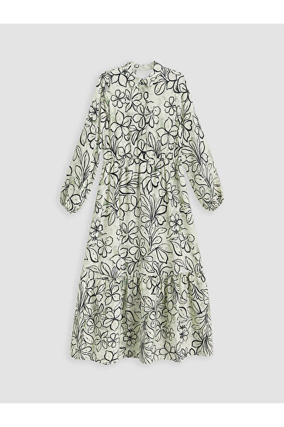 LC Waikiki Nevavm Shirt Collar Floral Waist-Slit Dress