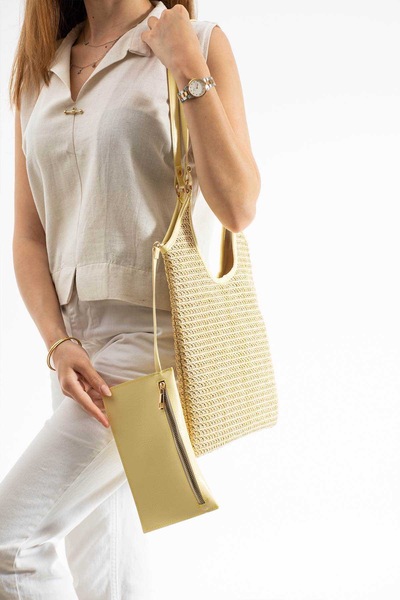 KIRASE Natural Wicker Textured Double Bag Set Daily Use Large Size Shoulder a...