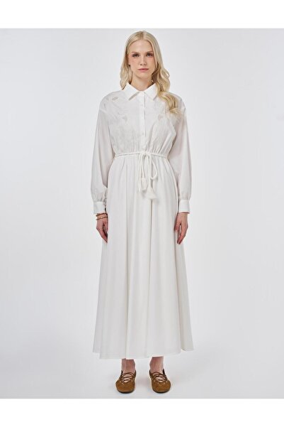 Kayra Women's Embroidered Cotton Shirt Collar Long Dress with Rope Belt
