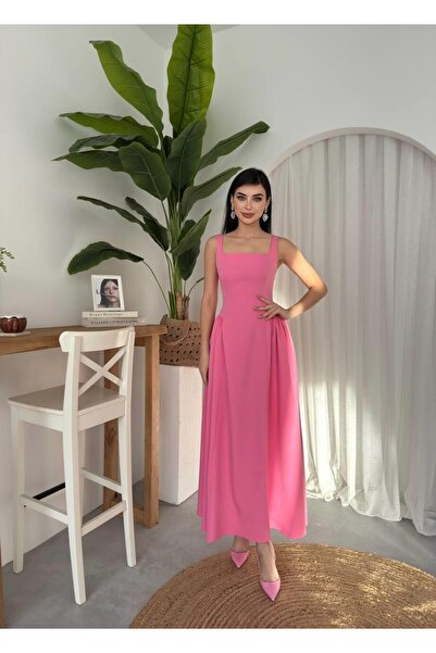 Caddebostan Moda Square Neckline Strappy Pleated Maxi Dress Evening Gown Grad...