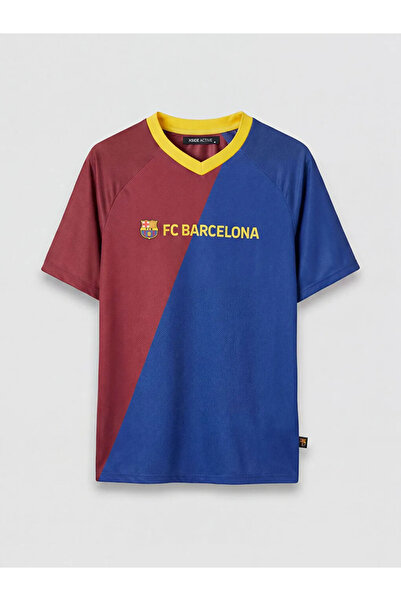 LC Waikiki Blue V-Neck Barcelona Printed Men's Sports T-Shirt