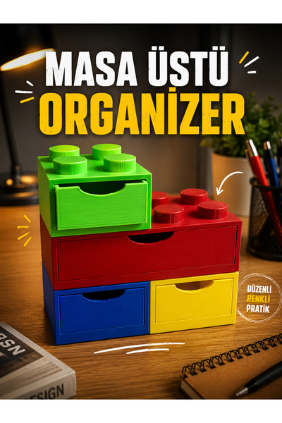 Major Hobi Lego Görünümlü Masaüstü Organizer Çekmeceli 3D Baskı Kalemlik ve D...