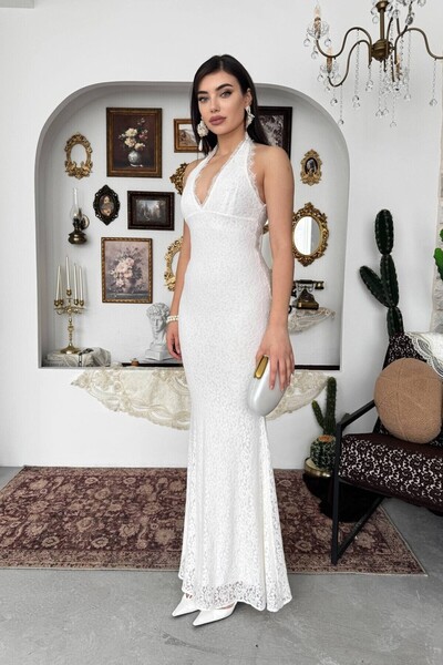 Julidress Halter Neck Tulle Detailed Maxi Long Engagement Event Premium Lace ...