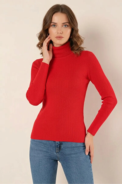 buğrahayalin Women's Turtleneck Fit-Cut Knitwear Red Sweater