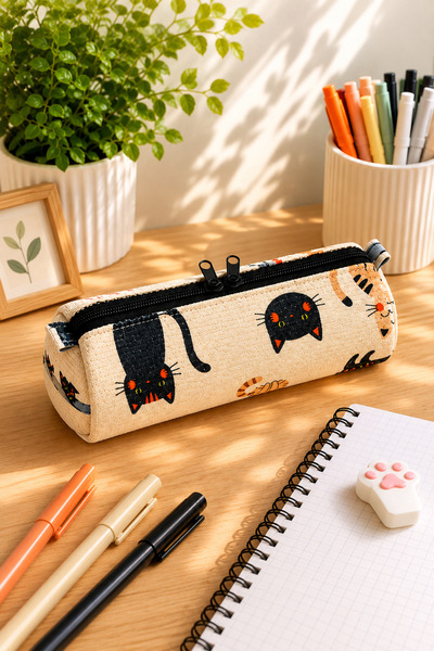 Paris Home Cute Cat Patterned Fabric Pen Holder Desktop Organizer