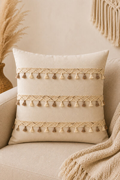 Morlay Natural Linen Tassel Throw Pillow Cover Bohemian Rustic Vintage Living...