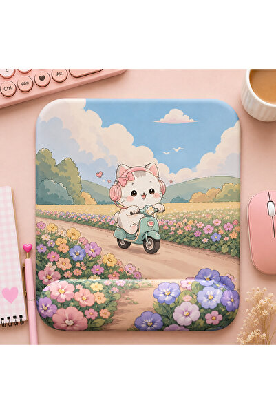 matizya Scooter Süren Sevimli Kedi Kare Bilek Destekli Mousepad 19x23 cm Kawa...