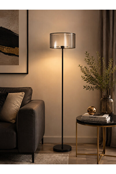 N.zone Modern Black Floor Lamp with Elegant Glass Shade – 145cm Height, 30cm ...
