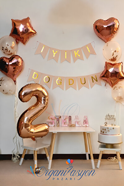 Organizasyon Pazarı Banner Rose Gold Number Balloon Set Rose Gold Heart Star ...