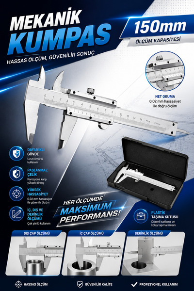 Zephoo 150 mm Mekanik Verniyer Kumpas 0.02 mm Hassas Ölçüm Paslanmaz Çelik İç...