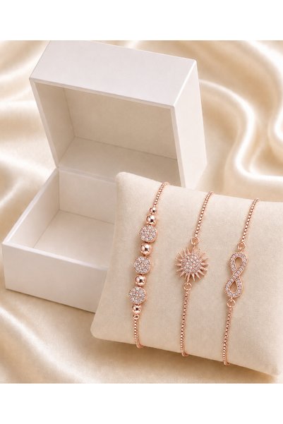 Merand Women's Rose Gold Color 3-Piece Steel Bracelet Set with Zircon Stones, Evil Eye Beads and Butterfly Figures Combination Jewelry