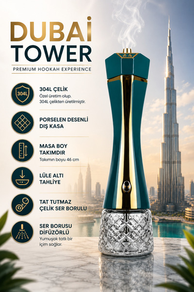 perfectmegastore Dubai Tower Nargile Takımı 46 cm Masa Boy Porselen Desenli D...