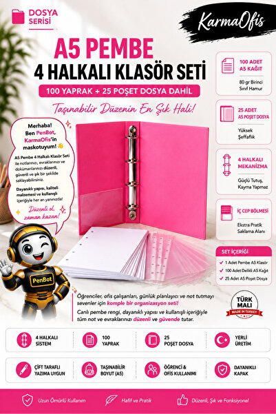 KarmaOfis A5 roza set registratora sa 4 prstena, 100 listova papira 80g + 25 ...