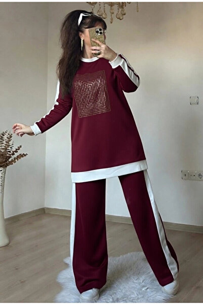 AZRA BUTİK Long Sleeve Front Square Stone Embellished Suit Burgundy