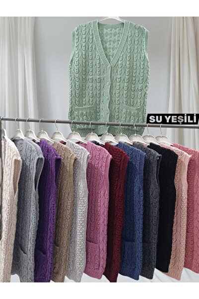 HACERLİ Water Green and Collar Pocket Buttoned Knitwear Acrylic Vest Regular Fit