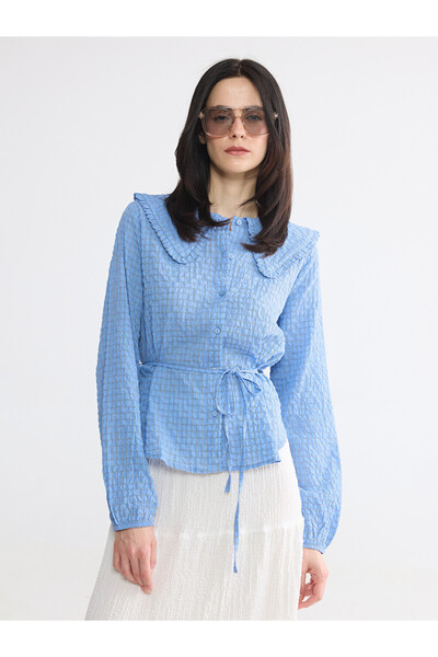 LC Waikiki Peak New Season Blue Baby Collar Plaid Women's Shirt