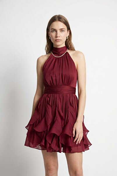 Lencie Flywheel Detailed Mini Evening Dress Burgundy