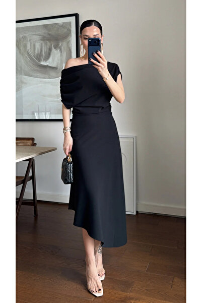 My Blog Black Long Dress with Gathered Shoulder Detail - 206190
