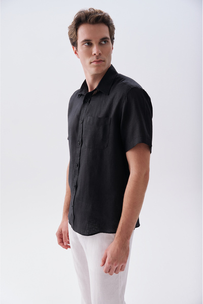 Mudo Men's Black Regular Fit Short Sleeve Linen Shirt