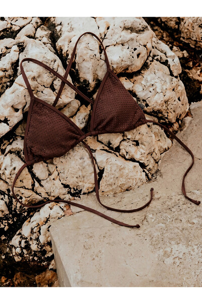 LC Waikiki Kahverengi Çıkarılabilir Pedli Taşlı Kadın Bikini Üstü