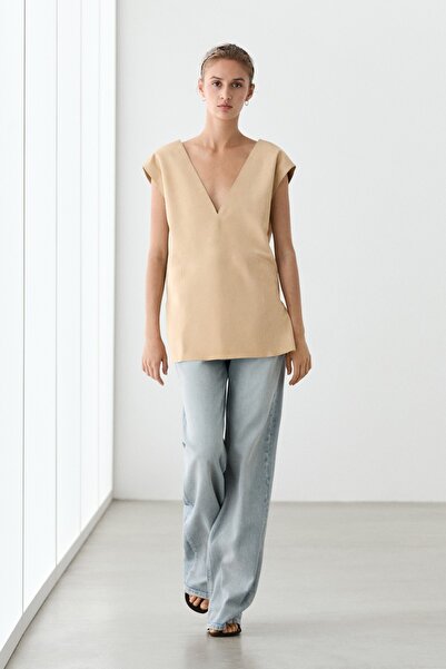 Massimo Dutti Süet deri kolsuz bluz