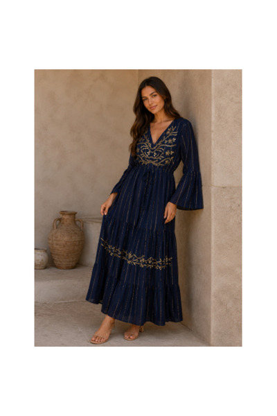 FeteRL BOHO Espagnia Navy Blue Dress with Gold Applications