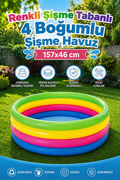 craftivio Renkli 4 Boğumlu Şişme Çocuk Havuzu Yumuşak Şişme Tabanlı 157x46 cm